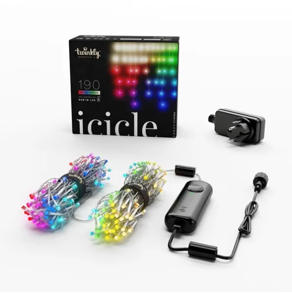 Twinkly Icicle - 190 LED diod ovládaných aplikací RGB + teplá bílá. Průhledný kabel.
